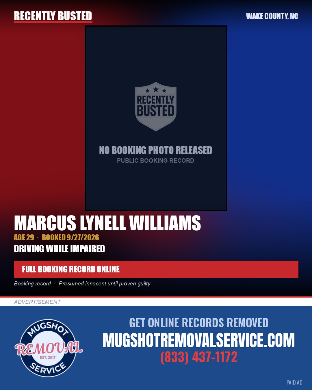 MARCUS LYNELL WILLIAMS — arrest record card, Wake County, North Carolina