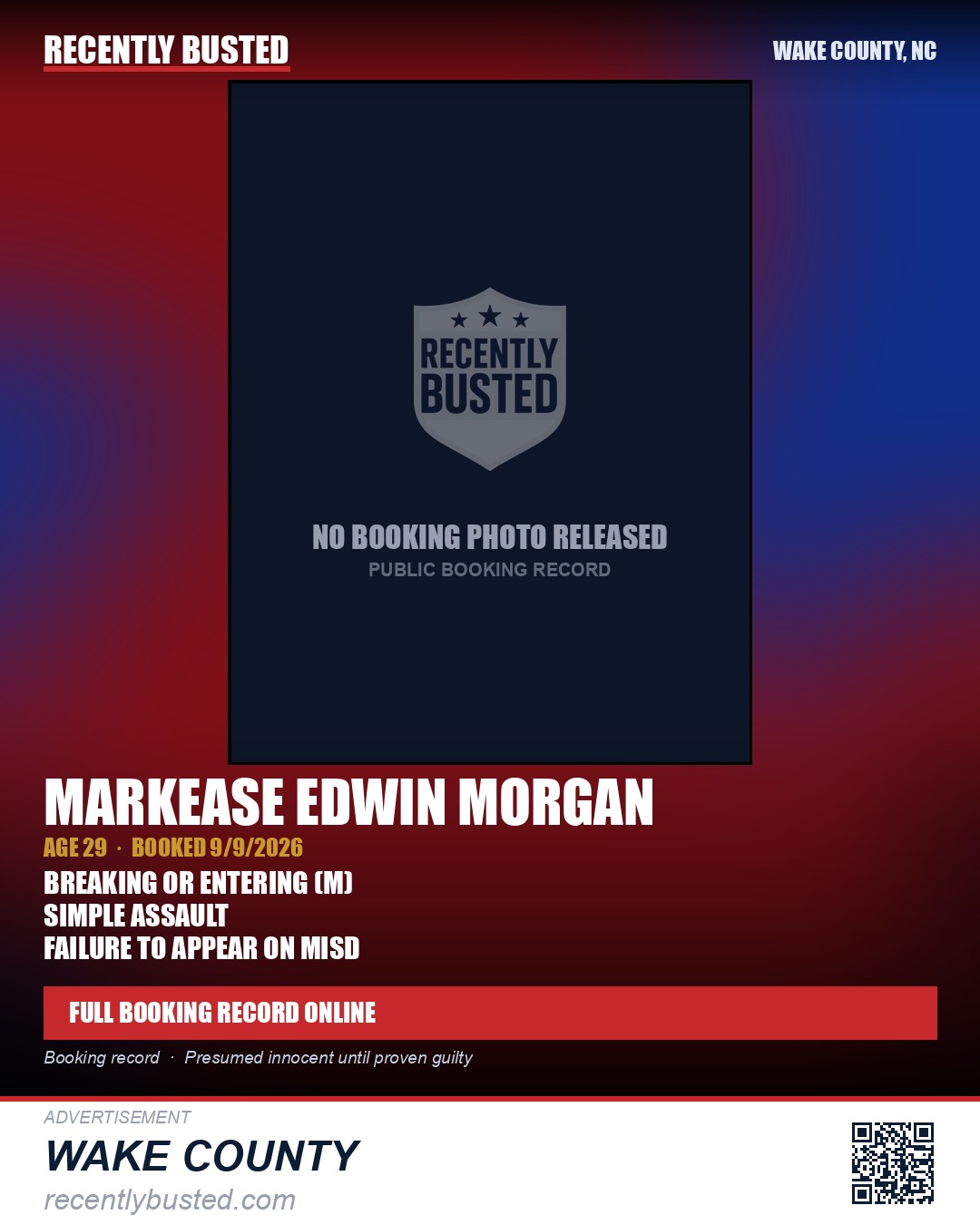 MARKEASE EDWIN MORGAN — arrest record card, Wake County, North Carolina