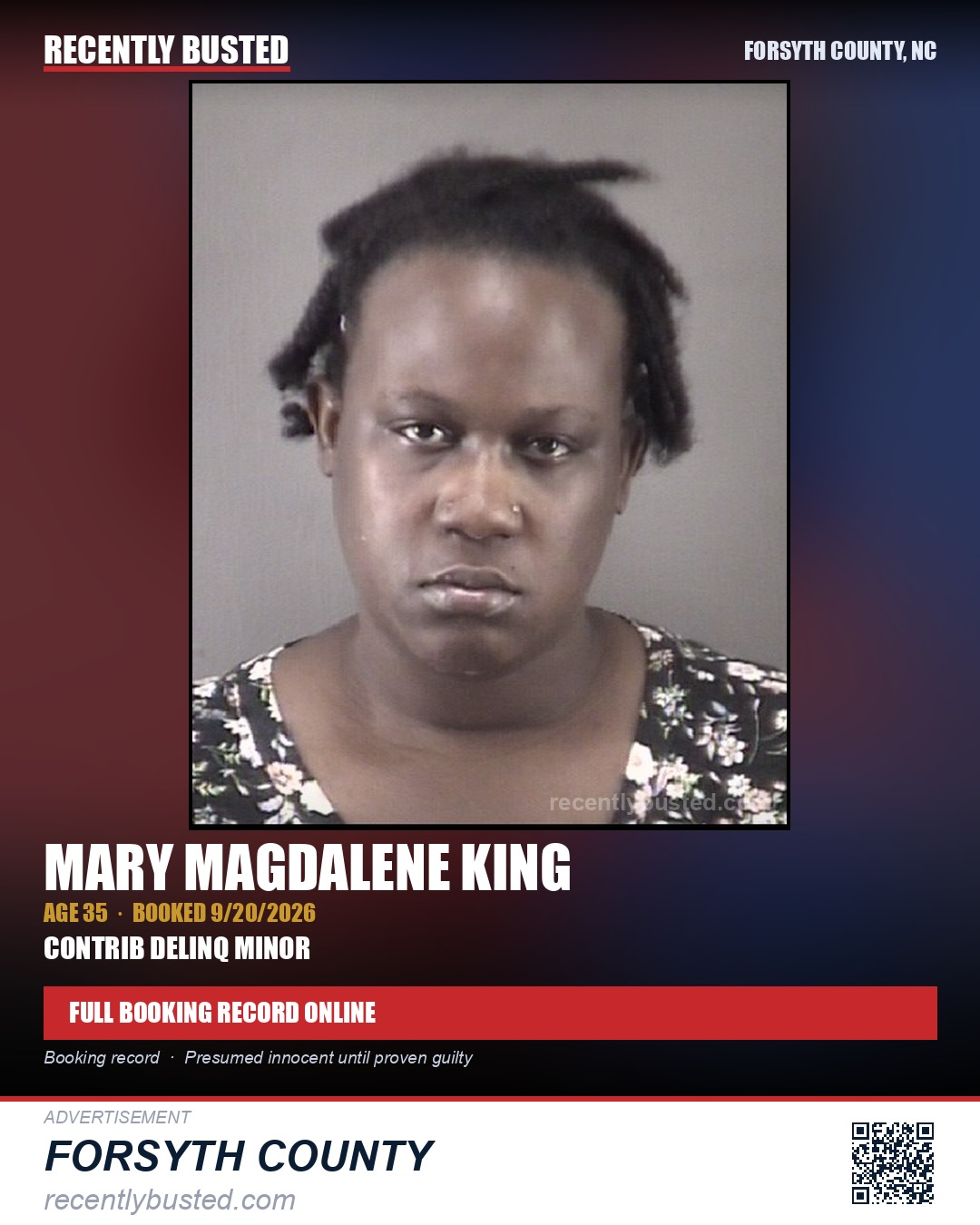 MARY MAGDALENE KING — arrest record card, Forsyth County, North Carolina