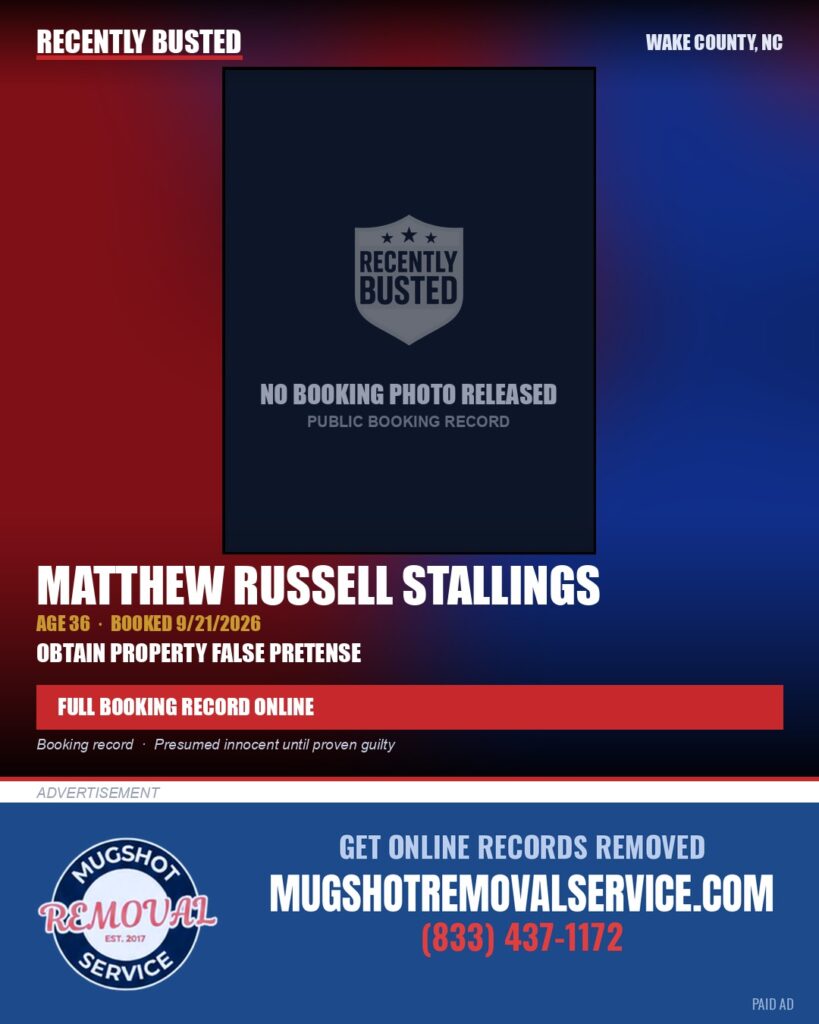 MATTHEW RUSSELL STALLINGS — arrest record card, Wake County, North Carolina