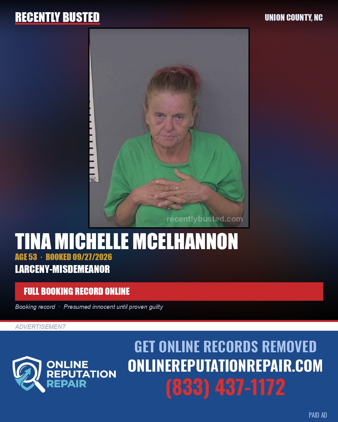 MCELHANNON, TINA MICHELLE — arrest record card, Union County, North Carolina