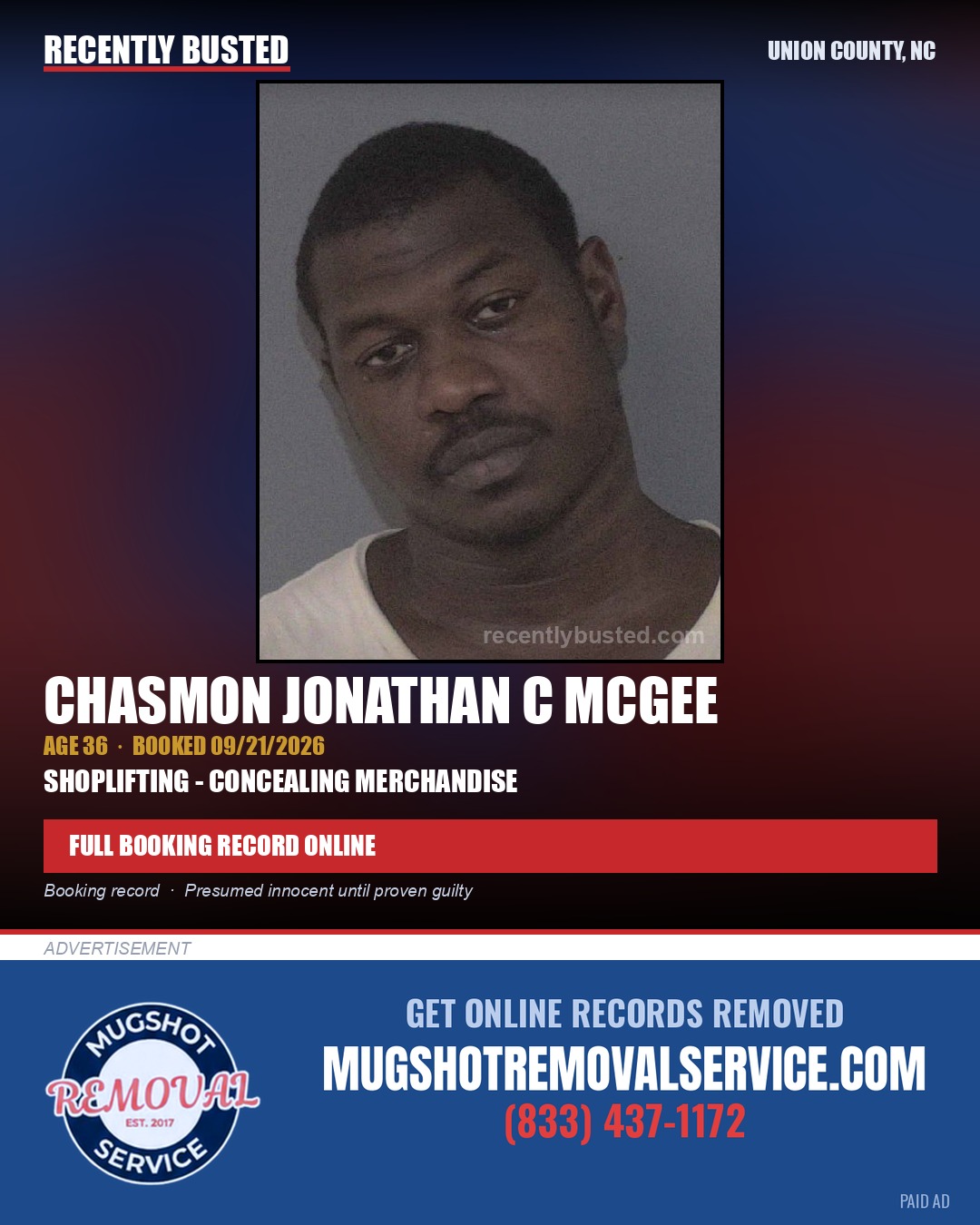 MCGEE, CHASMON JONATHAN C — arrest record card, Union County, North Carolina