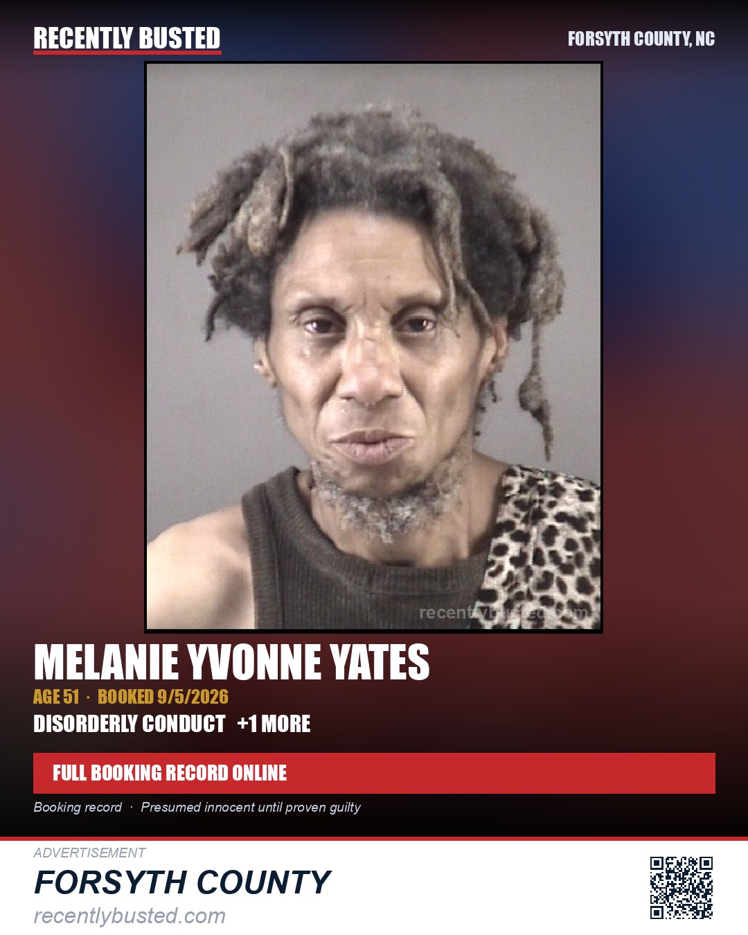 MELANIE YVONNE YATES — arrest record card, Forsyth County, North Carolina