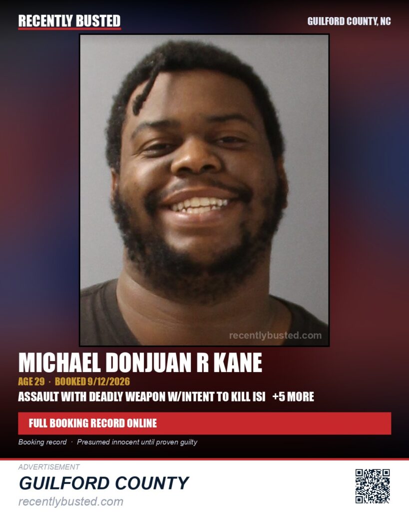 MICHAEL DONJUAN R KANE — arrest record card, Guilford County, North Carolina