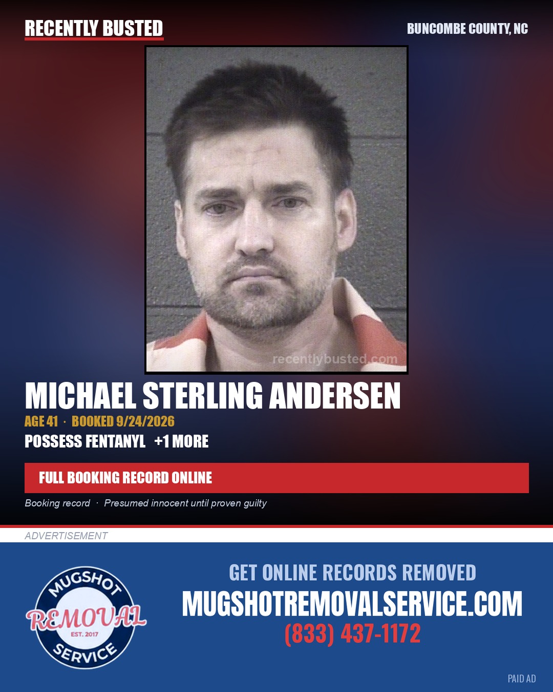 MICHAEL STERLING ANDERSEN — arrest record card, Buncombe County, North Carolina