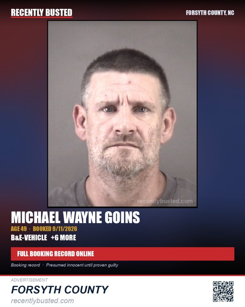 MICHAEL WAYNE GOINS — arrest record card, Forsyth County, North Carolina