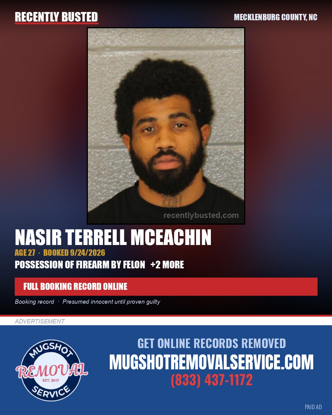 NASIR TERRELL MCEACHIN — arrest record card, Mecklenburg County, North Carolina