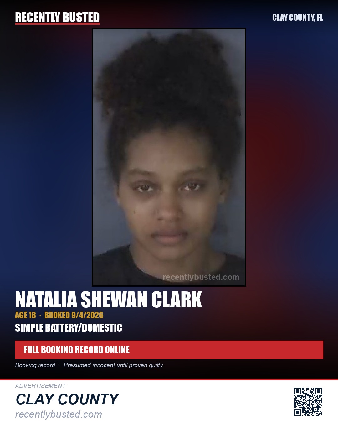 NATALIA SHEWAN CLARK — arrest record card, Clay County, Florida