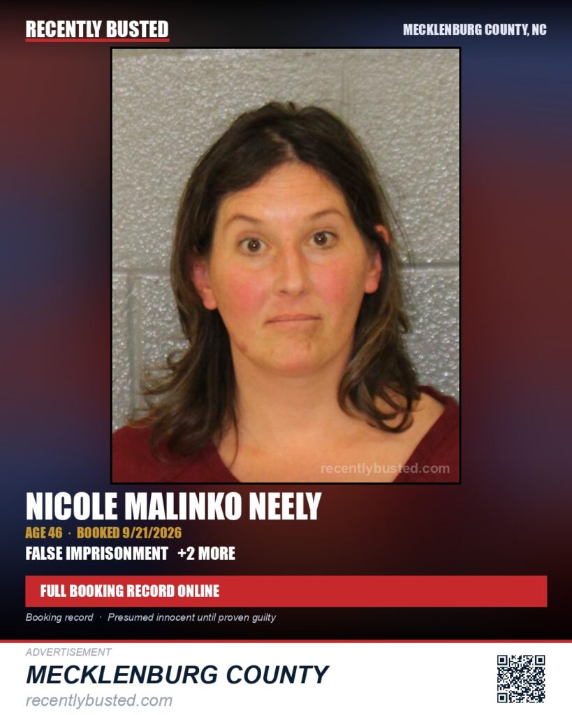 NICOLE MALINKO NEELY — arrest record card, Mecklenburg County, North Carolina