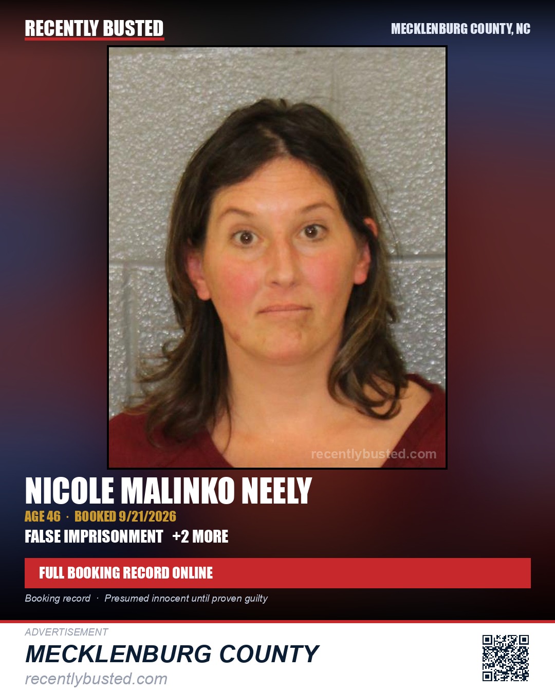 NICOLE MALINKO NEELY — arrest record card, Mecklenburg County, North Carolina