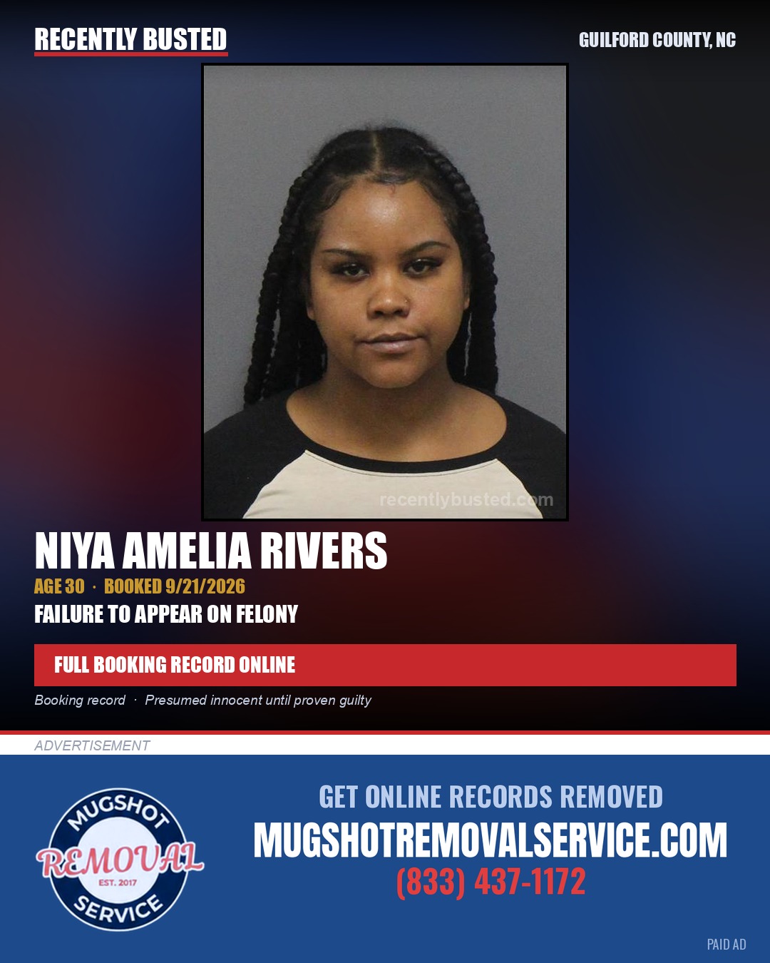 NIYA AMELIA RIVERS — arrest record card, Guilford County, North Carolina