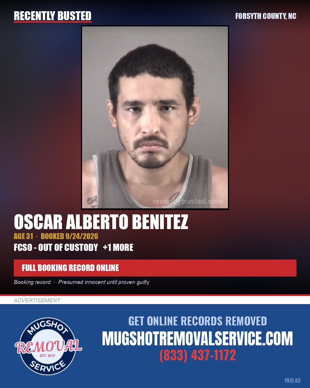 OSCAR ALBERTO BENITEZ — arrest record card, Forsyth County, North Carolina