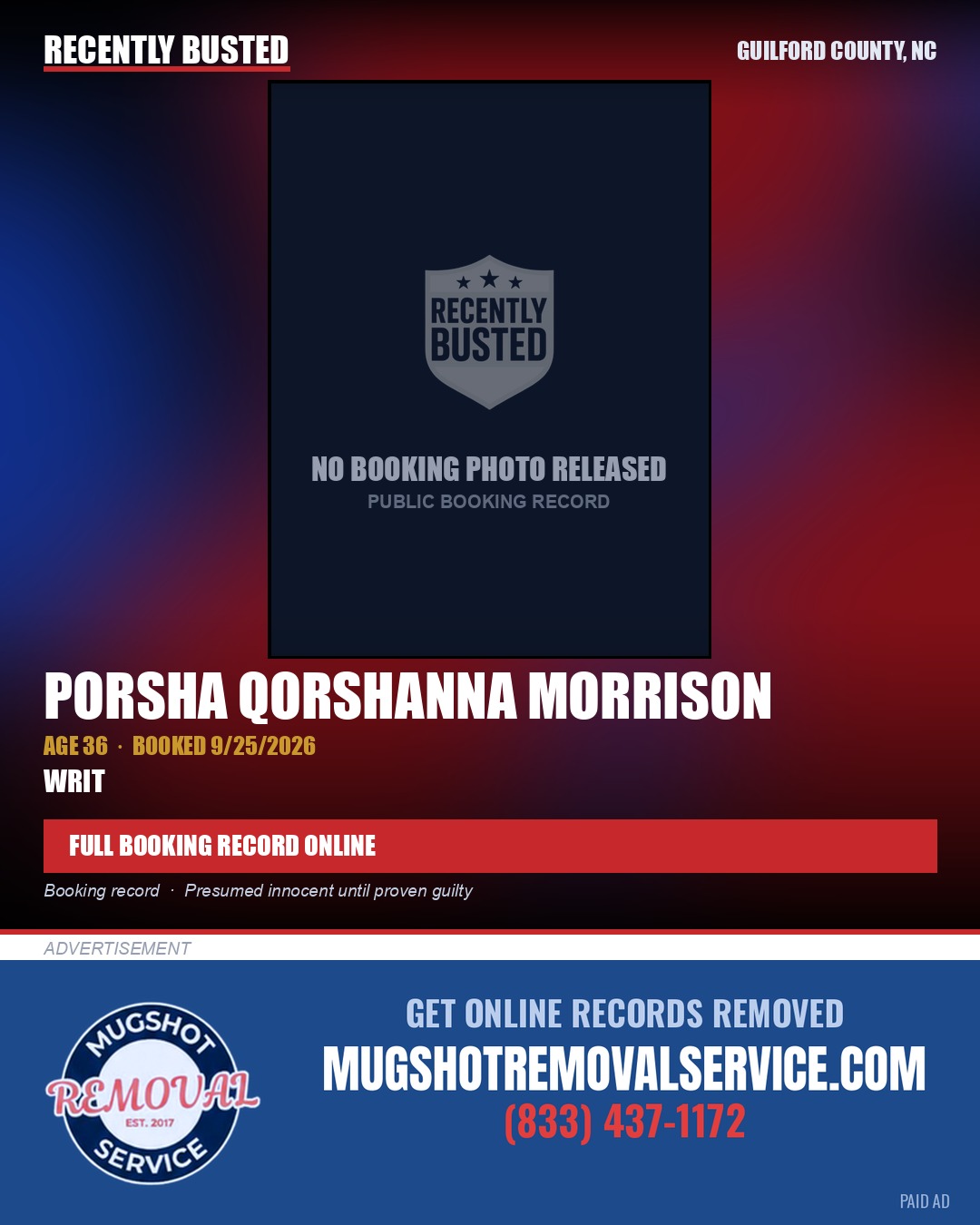 PORSHA QORSHANNA MORRISON — arrest record card, Guilford County, North Carolina