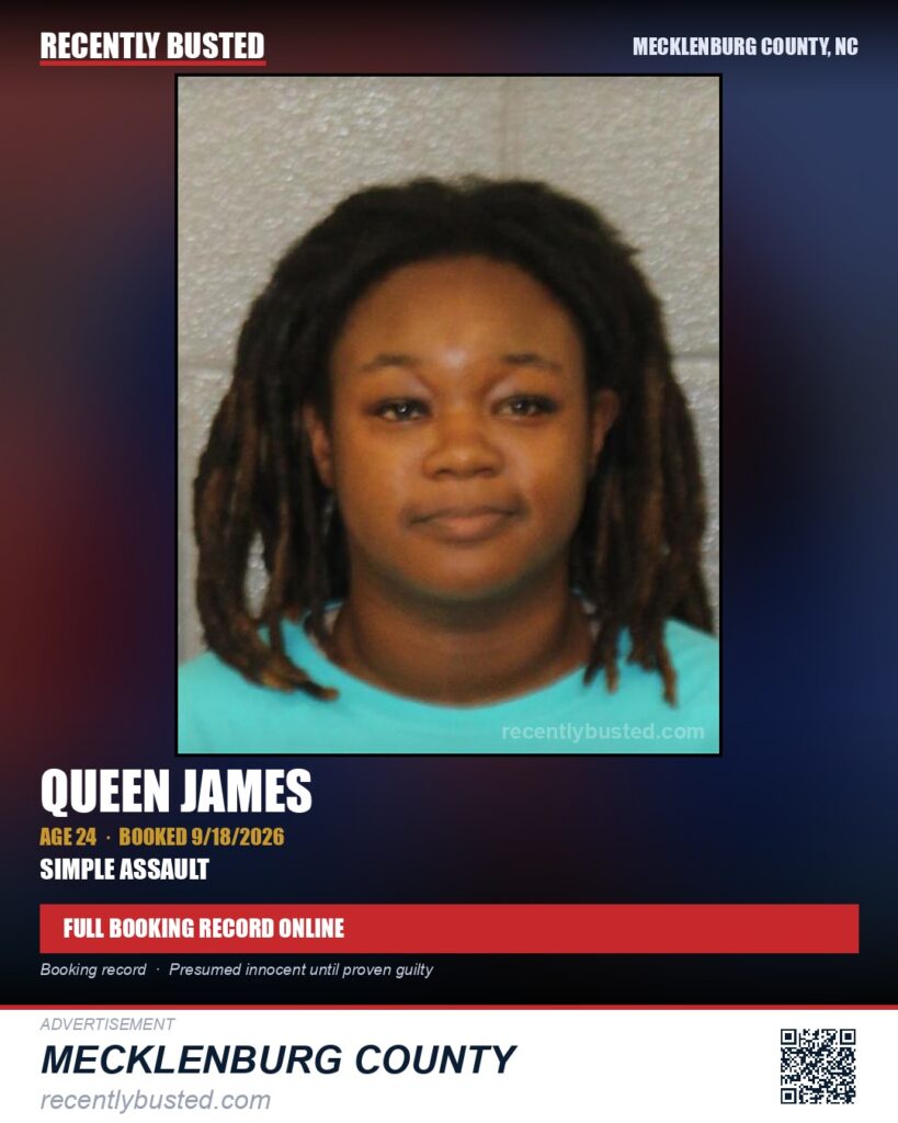 QUEEN JAMES — arrest record card, Mecklenburg County, North Carolina