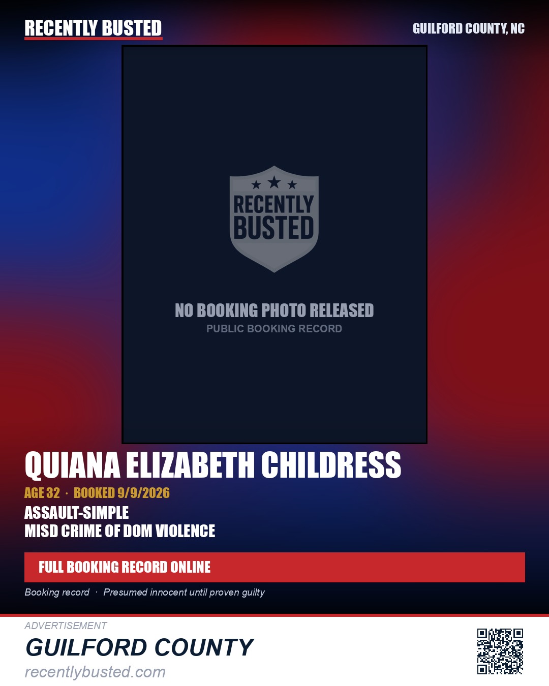 QUIANA ELIZABETH CHILDRESS — arrest record card, Guilford County, North Carolina