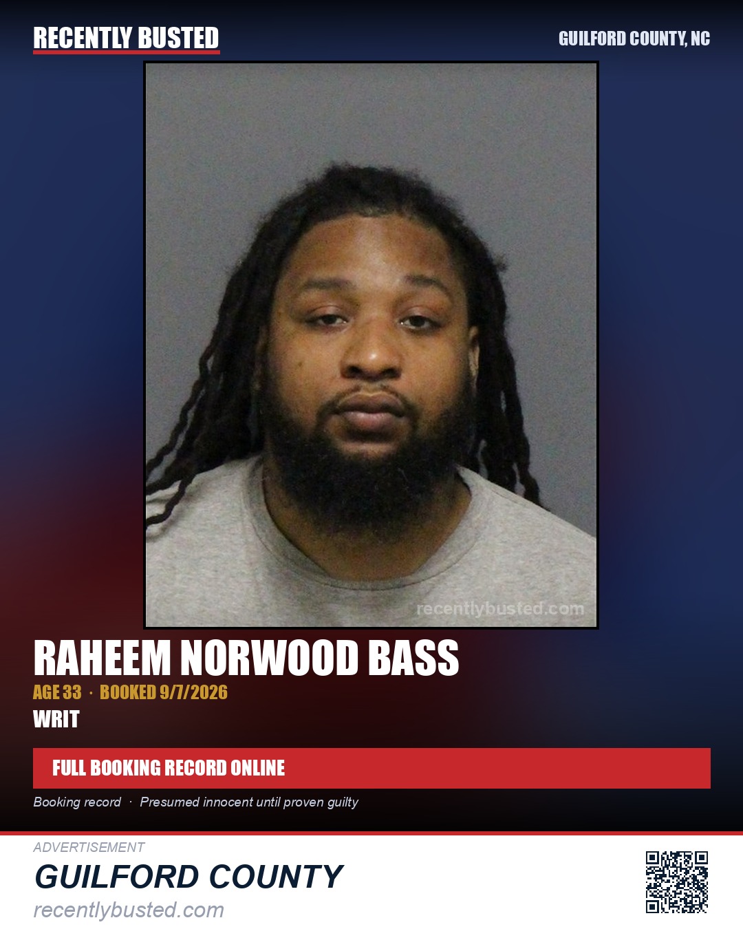 RAHEEM NORWOOD BASS — arrest record card, Guilford County, North Carolina
