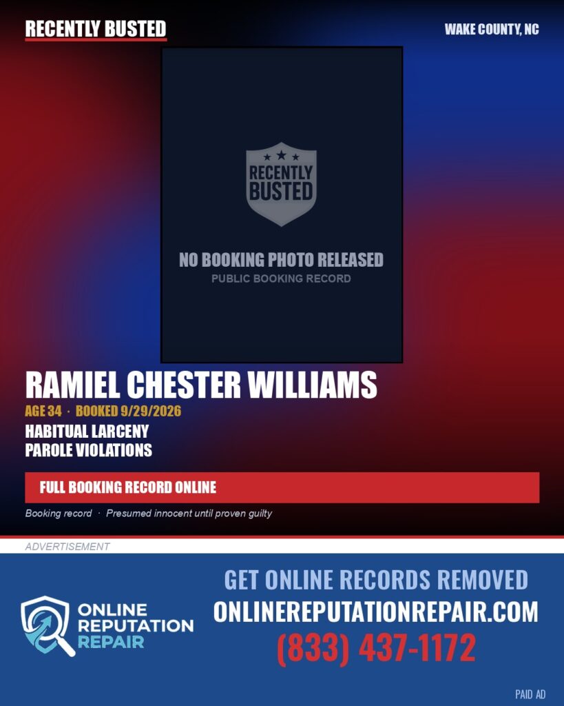 RAMIEL CHESTER WILLIAMS — arrest record card, Wake County, North Carolina