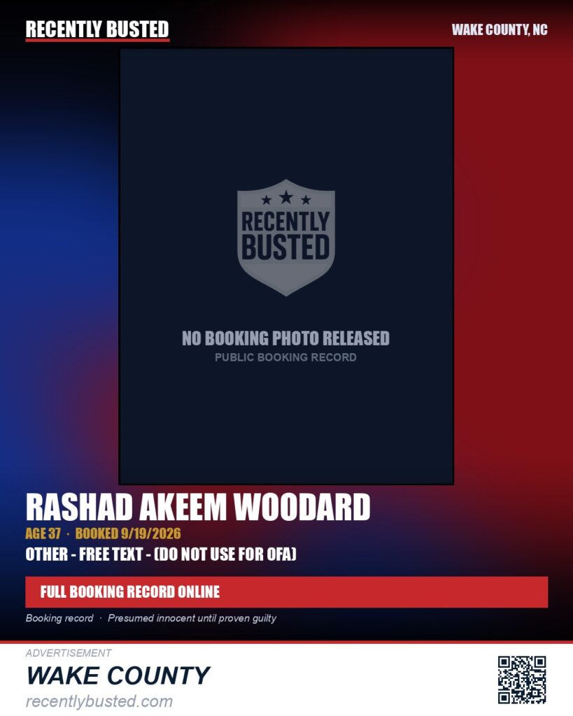 RASHAD AKEEM WOODARD — arrest record card, Wake County, North Carolina