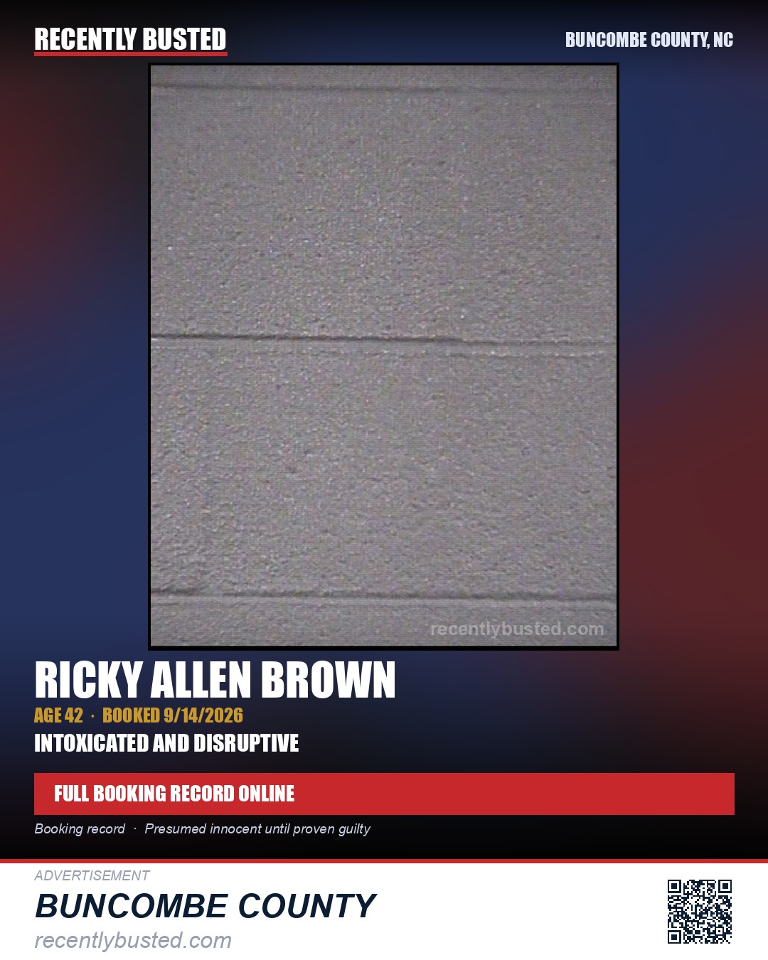 RICKY ALLEN BROWN — arrest record card, Buncombe County, North Carolina