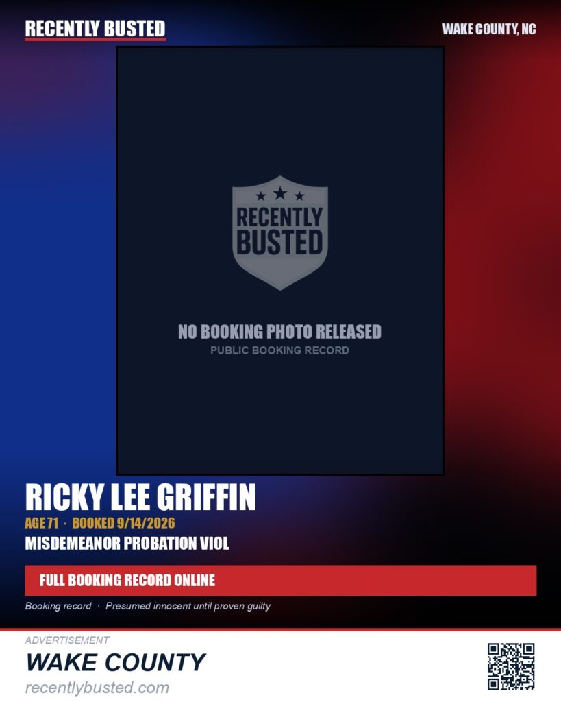RICKY LEE GRIFFIN — arrest record card, Wake County, North Carolina