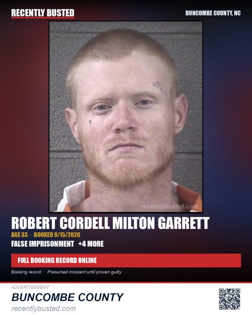 ROBERT CORDELL MILTON GARRETT — arrest record card, Buncombe County, North Carolina