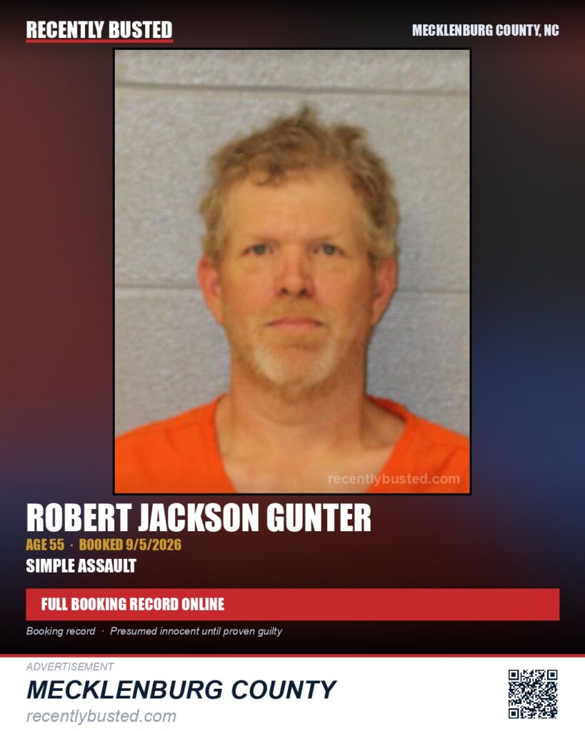ROBERT JACKSON GUNTER — arrest record card, Mecklenburg County, North Carolina