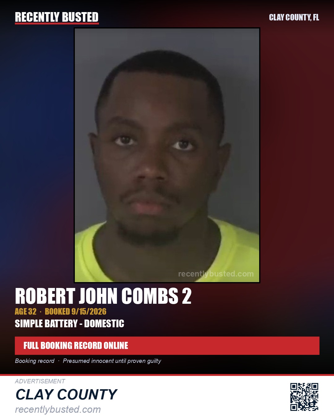 ROBERT JOHN COMBS 2 — arrest record card, Clay County, Florida