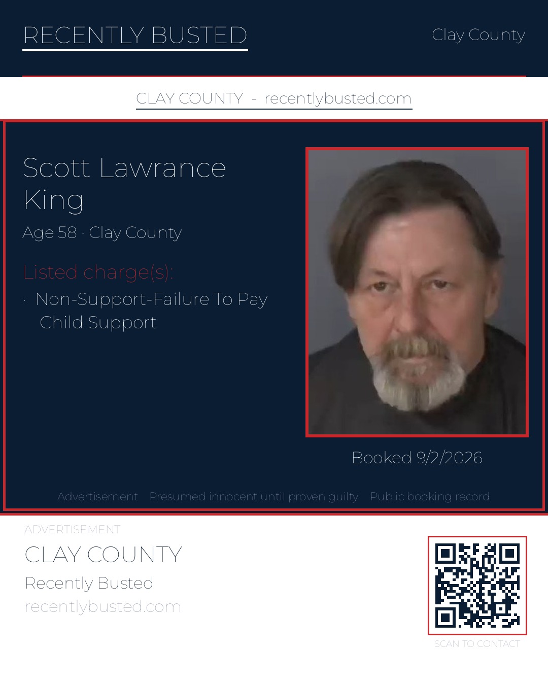 SCOTT LAWRANCE KING — arrest record card, Clay County, Florida