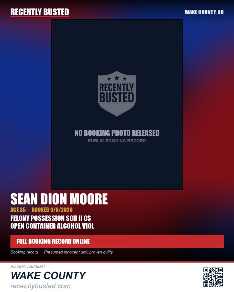 SEAN DION MOORE — arrest record card, Wake County, North Carolina