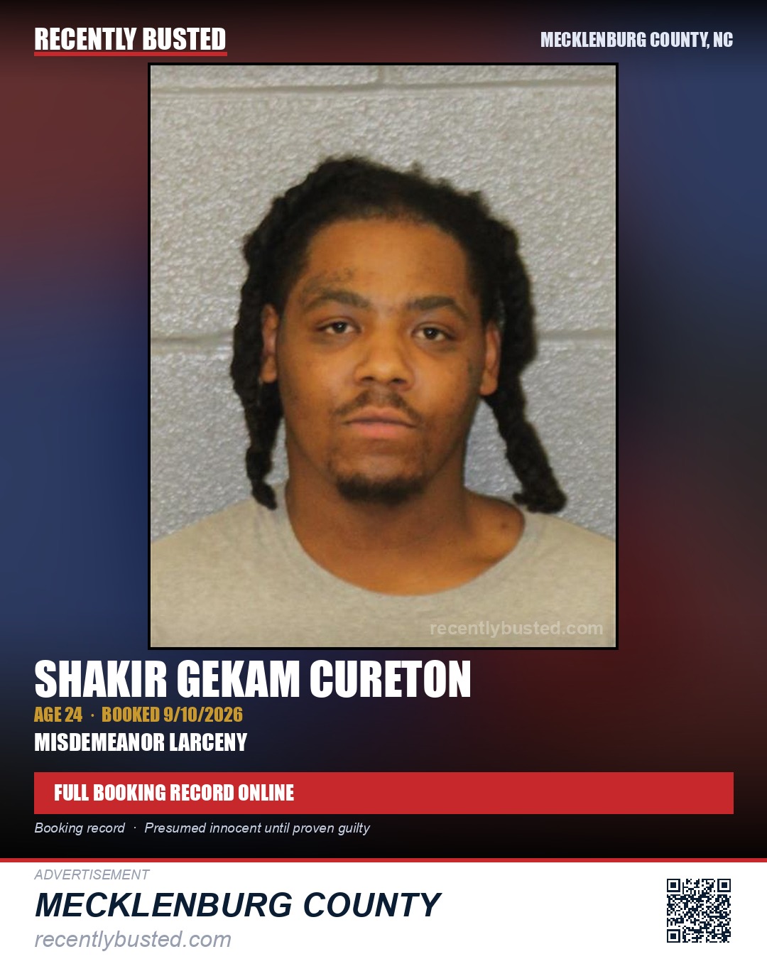 SHAKIR GEKAM CURETON — arrest record card, Mecklenburg County, North Carolina