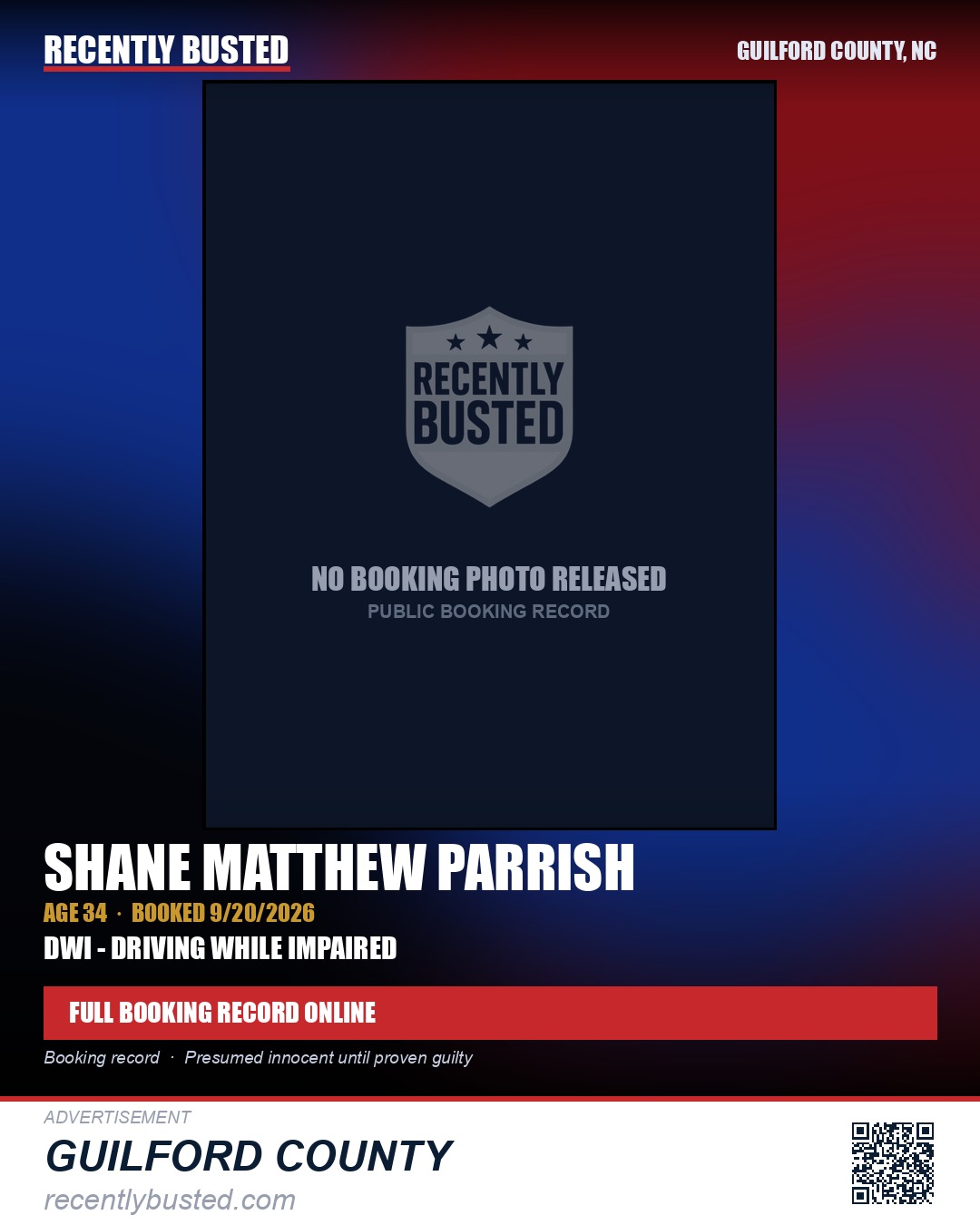 SHANE MATTHEW PARRISH — arrest record card, Guilford County, North Carolina