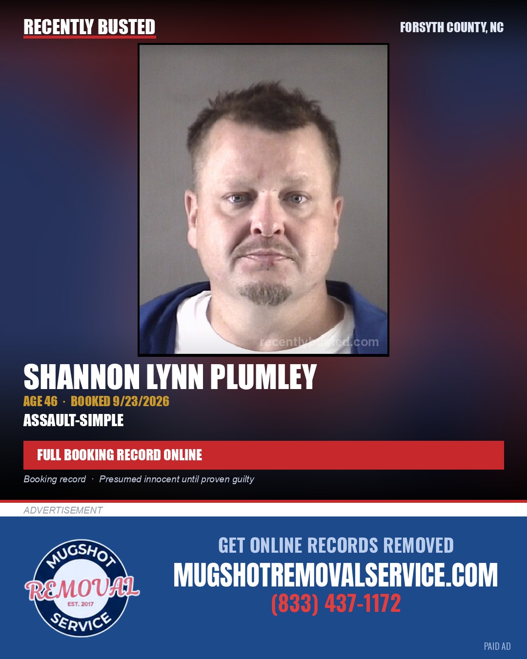 SHANNON LYNN PLUMLEY — arrest record card, Forsyth County, North Carolina