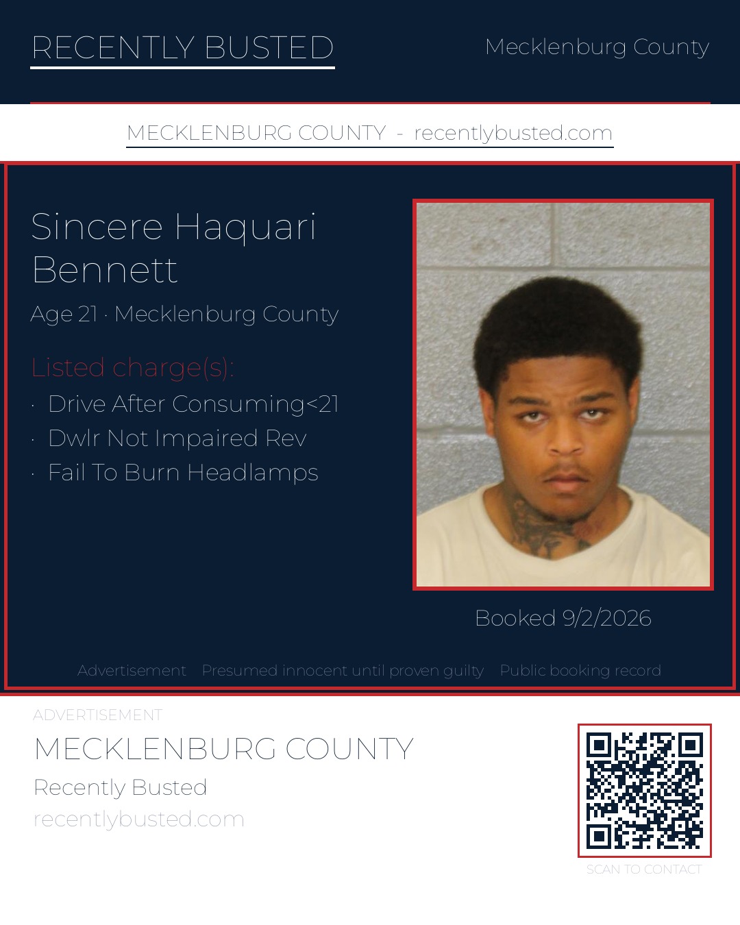 SINCERE HAQUARI BENNETT — arrest record card, Mecklenburg County, North Carolina