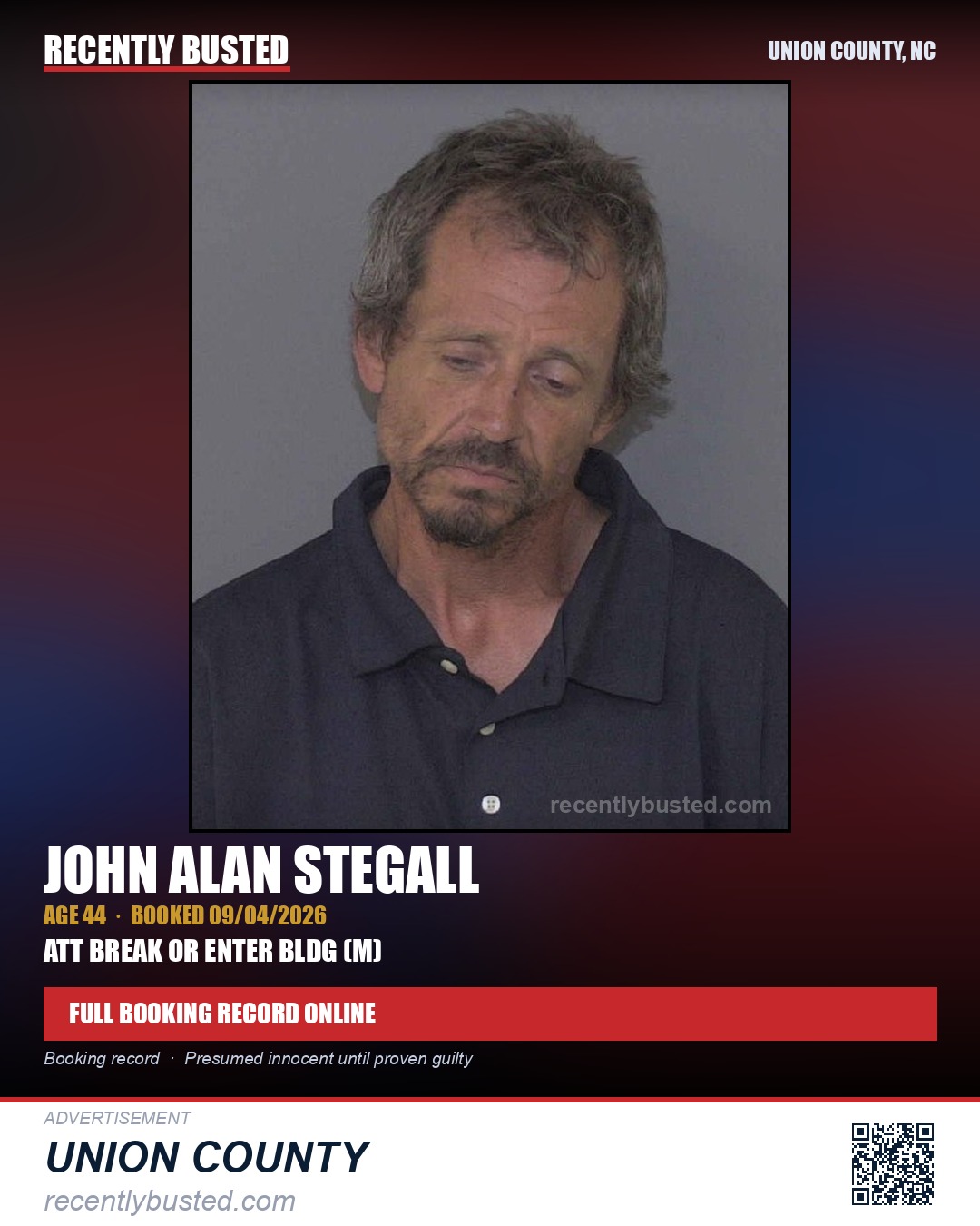 STEGALL, JOHN ALAN — arrest record card, Union County, North Carolina