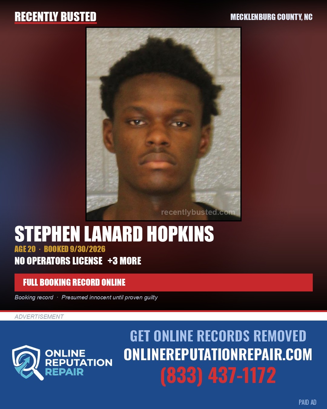 STEPHEN LANARD HOPKINS — arrest record card, Mecklenburg County, North Carolina