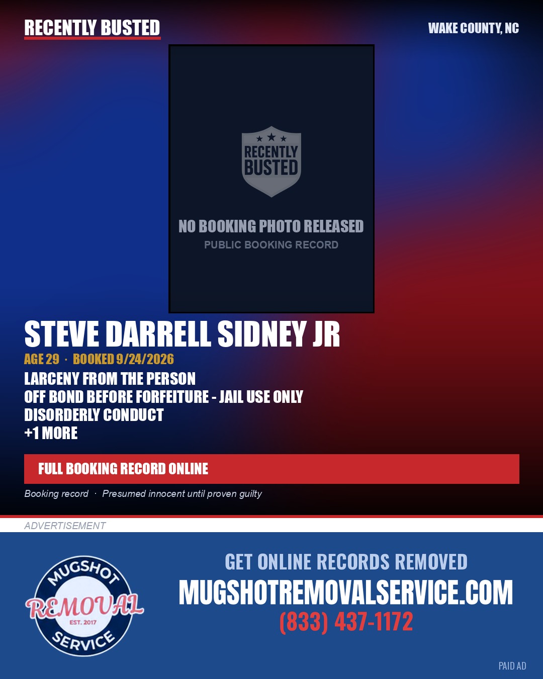 STEVE DARRELL SIDNEY JR — arrest record card, Wake County, North Carolina