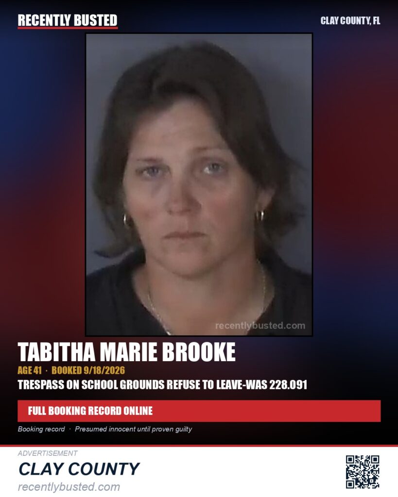 TABITHA MARIE BROOKE — arrest record card, Clay County, Florida