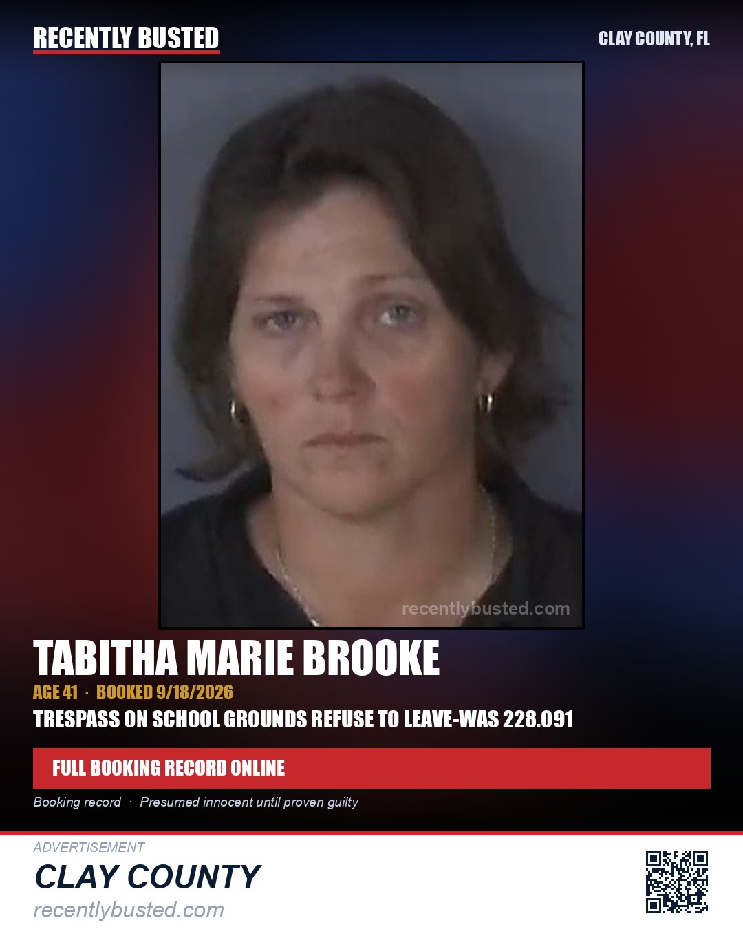 TABITHA MARIE BROOKE — arrest record card, Clay County, Florida