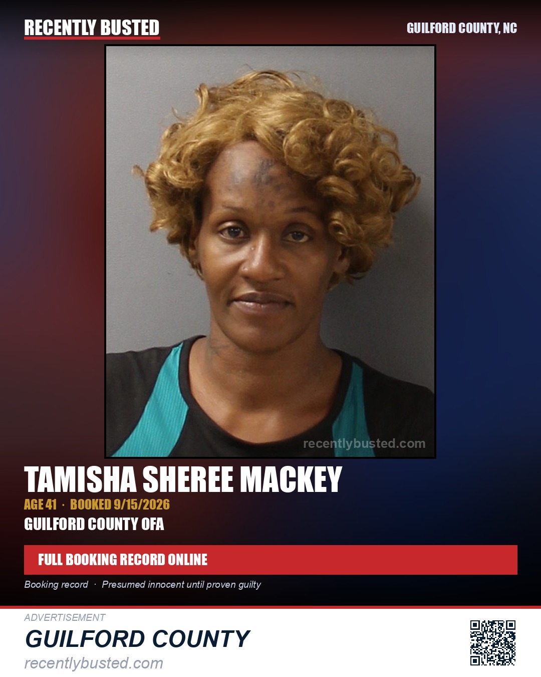 TAMISHA SHEREE MACKEY — arrest record card, Guilford County, North Carolina