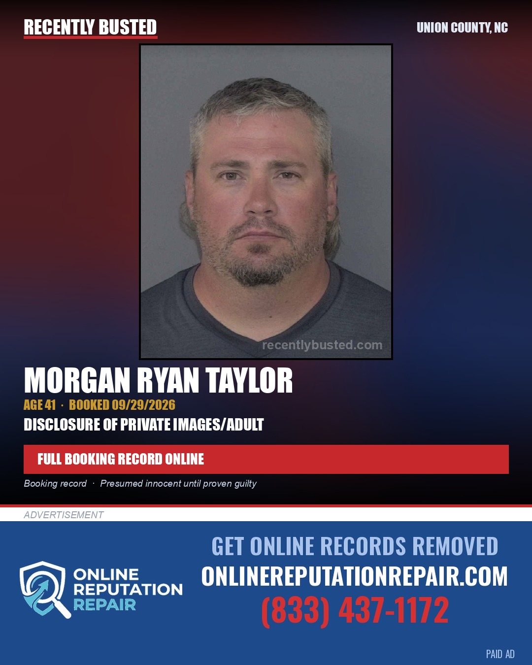 TAYLOR, MORGAN RYAN — arrest record card, Union County, North Carolina