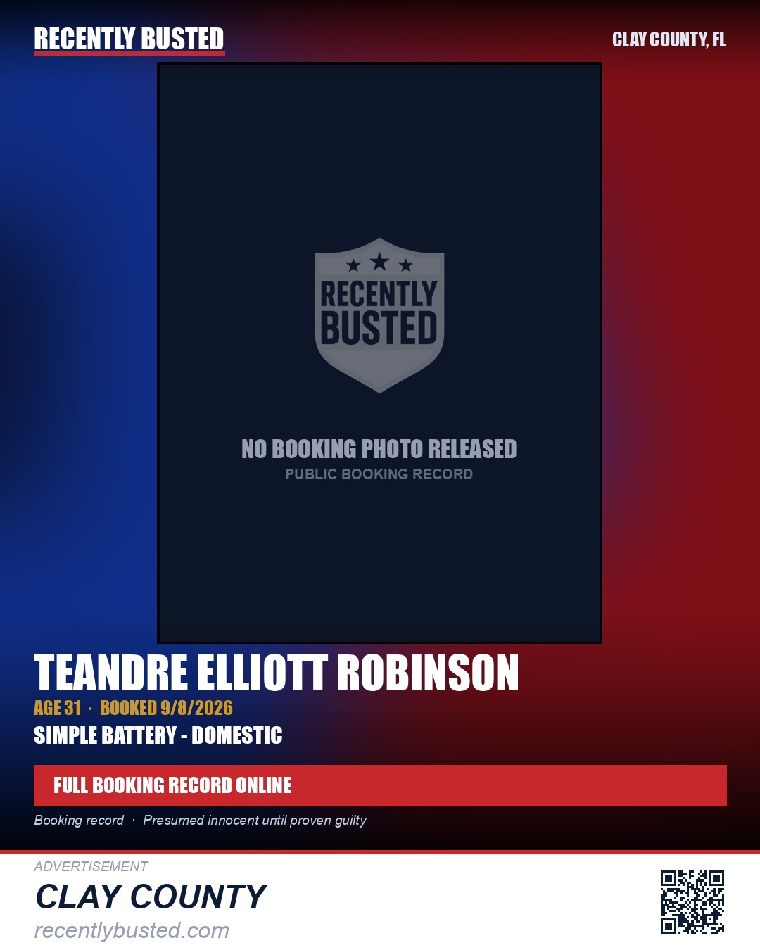 TEANDRE ELLIOTT ROBINSON — arrest record card, Clay County, Florida