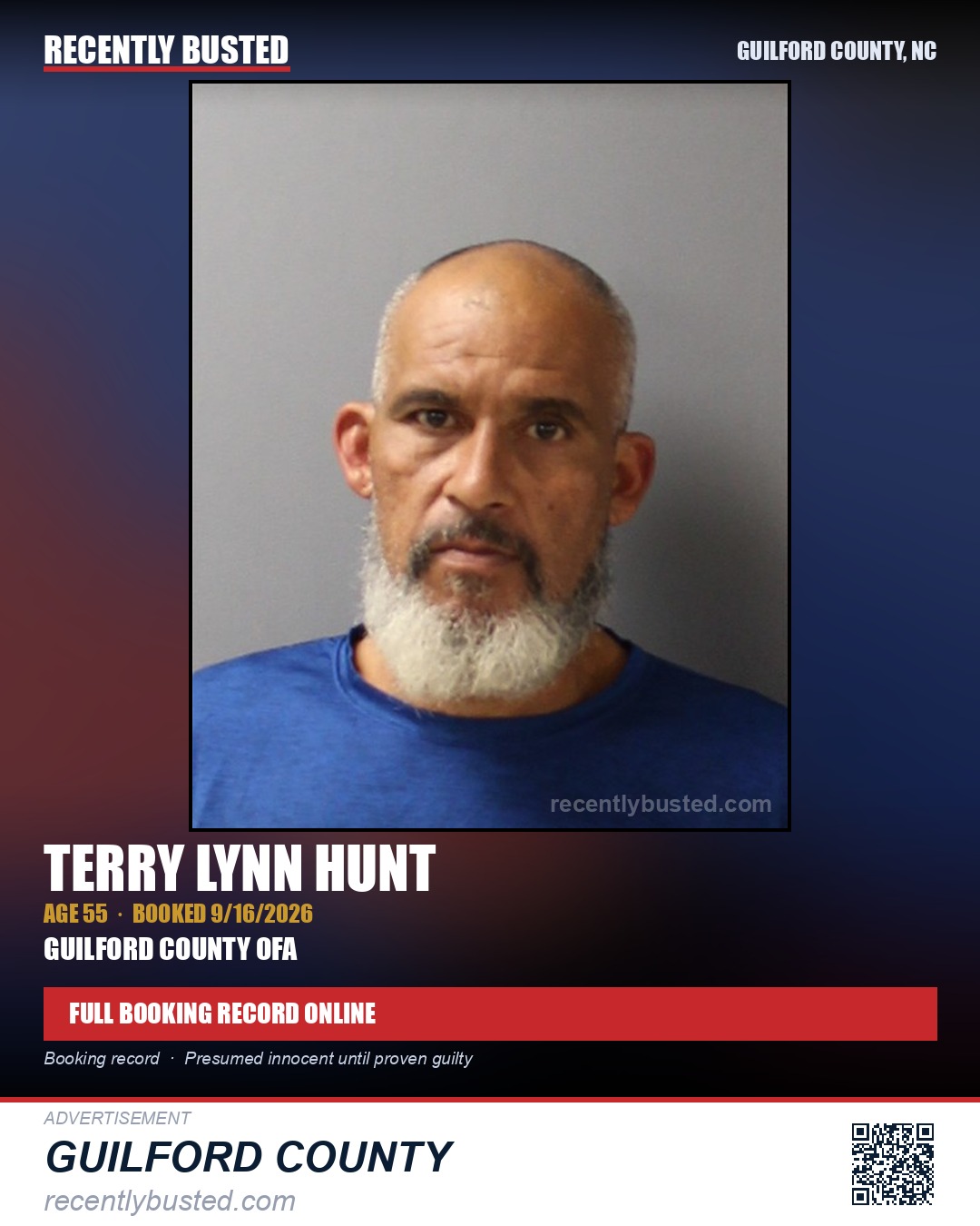 TERRY LYNN HUNT — arrest record card, Guilford County, North Carolina
