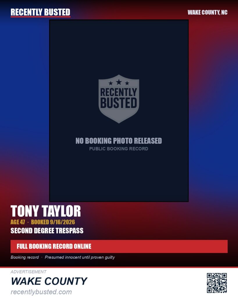 TONY TAYLOR — arrest record card, Wake County, North Carolina