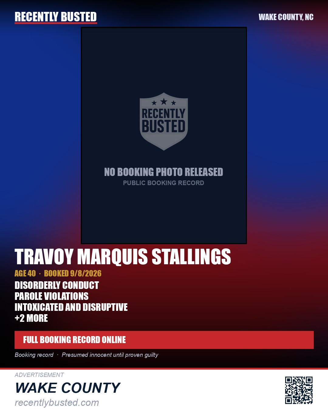 TRAVOY MARQUIS STALLINGS — arrest record card, Wake County, North Carolina