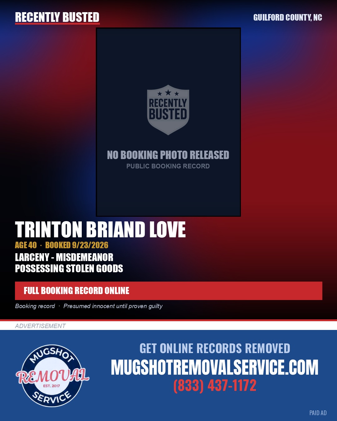 TRINTON BRIAND LOVE — arrest record card, Guilford County, North Carolina