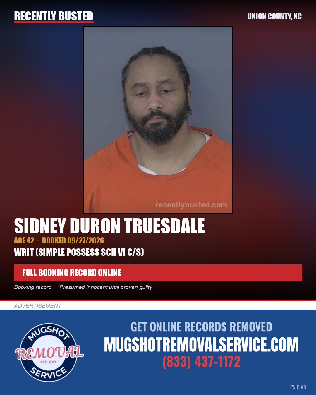 TRUESDALE, SIDNEY DURON — arrest record card, Union County, North Carolina