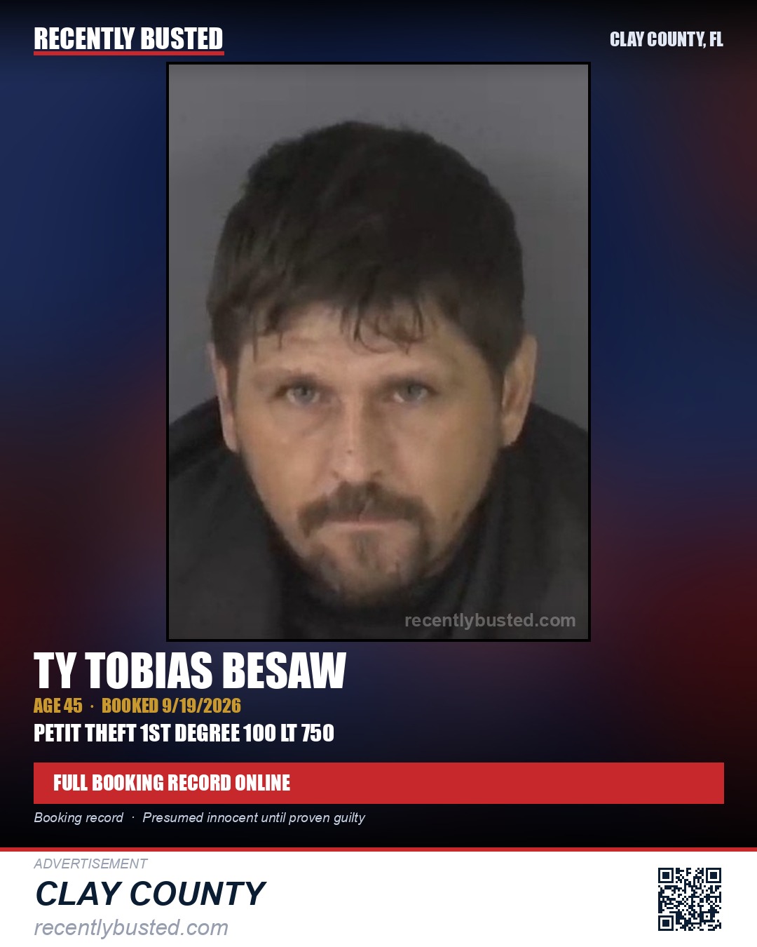 TY TOBIAS BESAW — arrest record card, Clay County, Florida