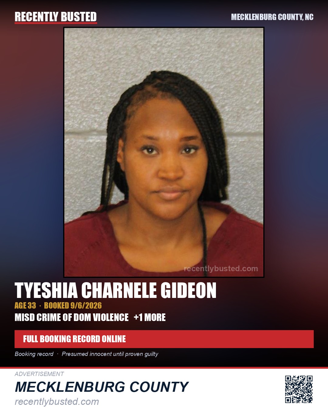 TYESHIA CHARNELE GIDEON — arrest record card, Mecklenburg County, North Carolina