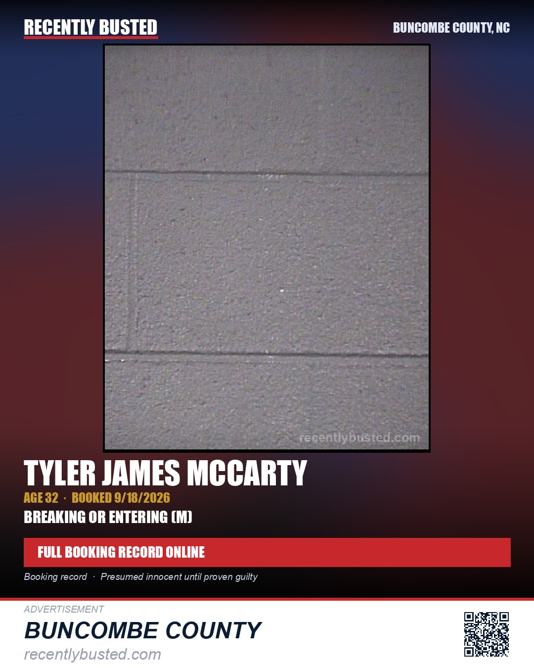 TYLER JAMES MCCARTY — arrest record card, Buncombe County, North Carolina