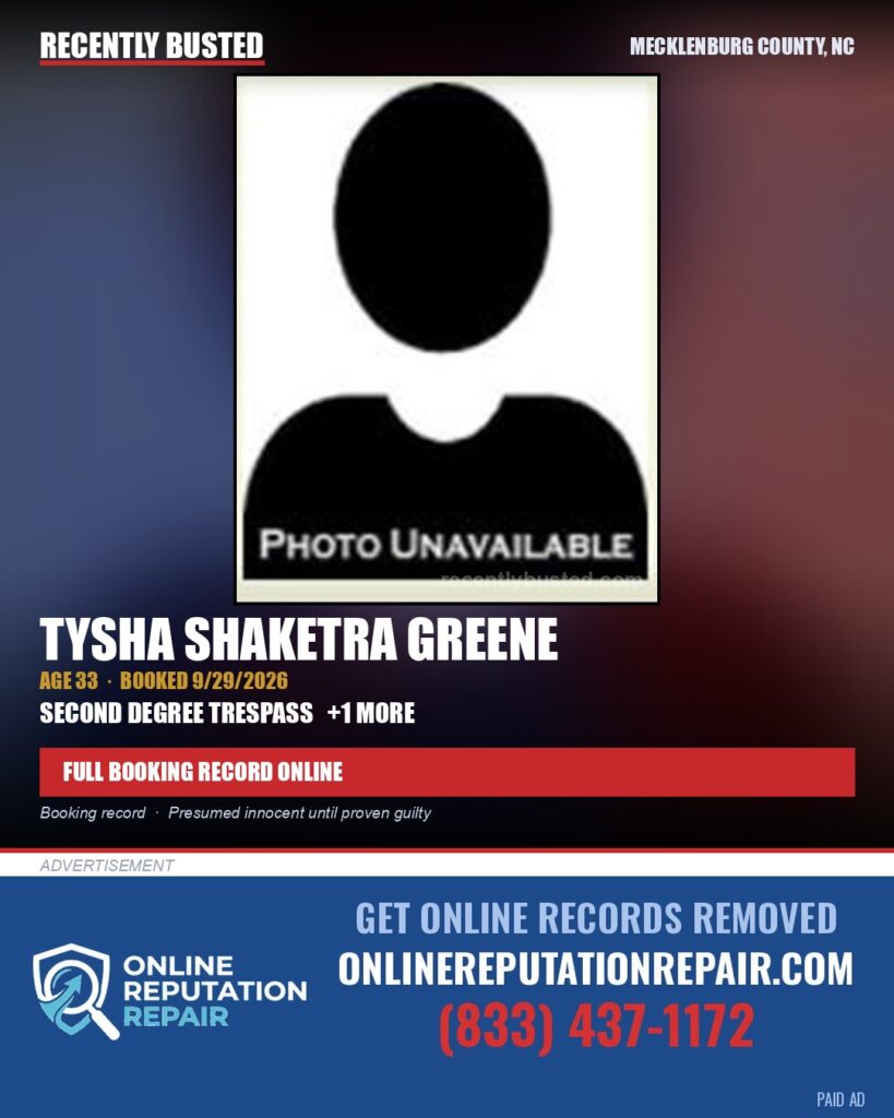 TYSHA SHAKETRA GREENE — arrest record card, Mecklenburg County, North Carolina